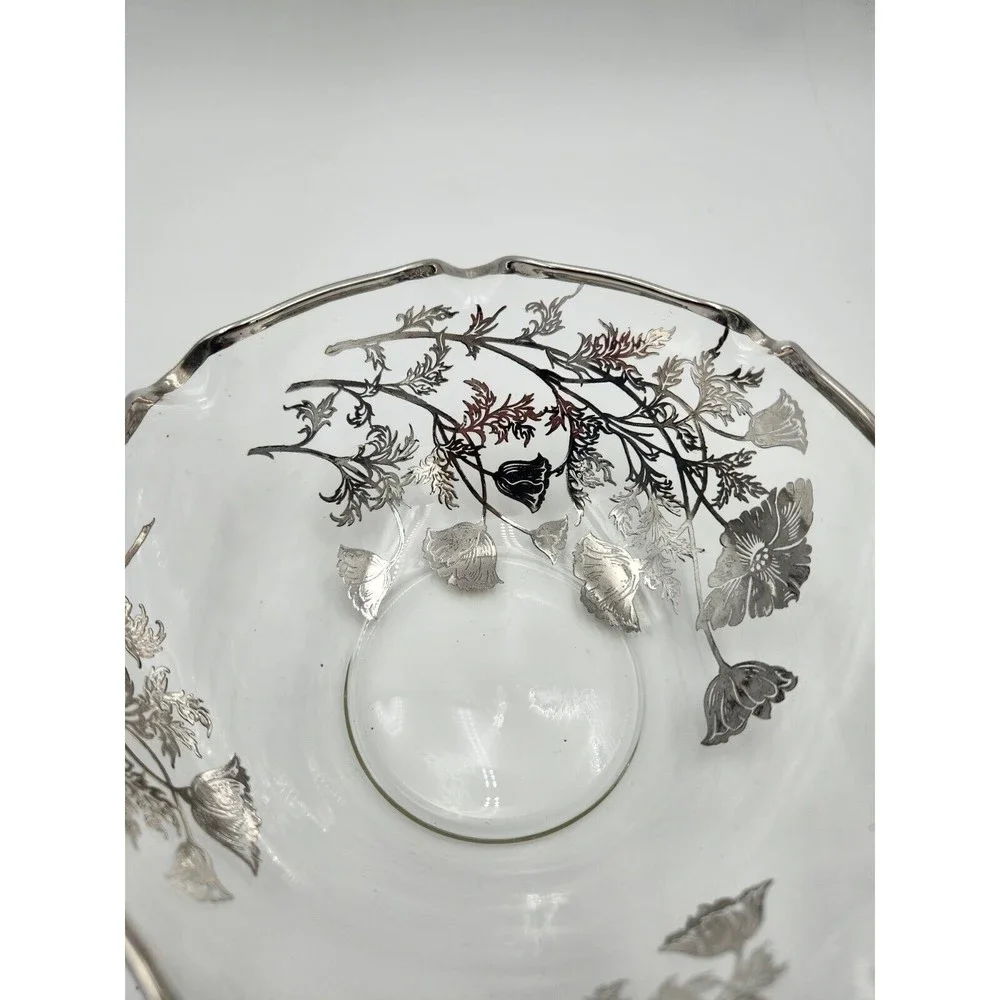 Silver Overlay floral poppy Flanders nut or candy‎ dish 25th anniversary gift